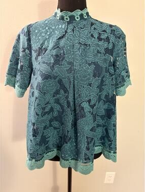 Teal Lace Floral and Bird Pattern Short Sleeve Blouse